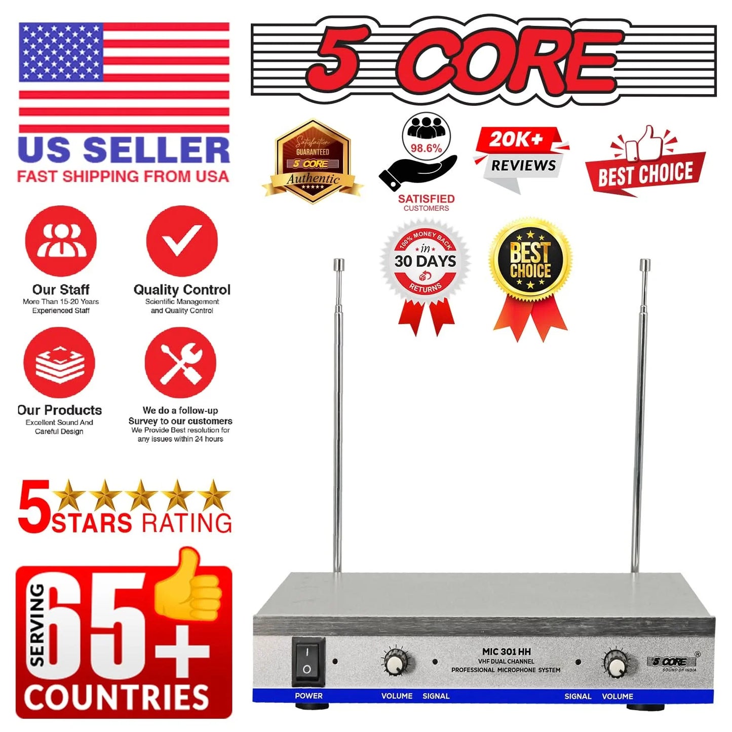 5Core Wireless Microphone System with 2 Headsets and Receiver, 165ft Range