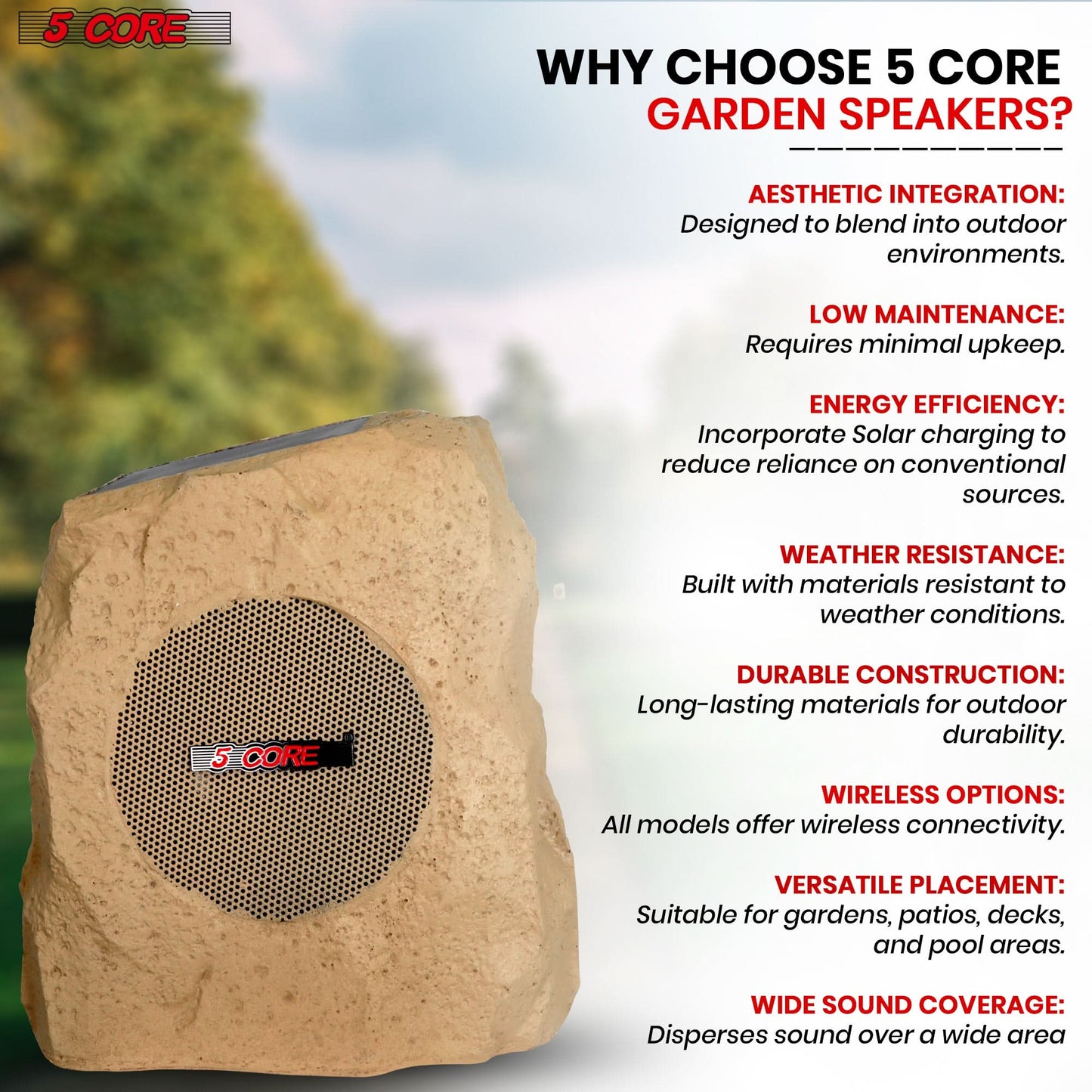 5Core Bluetooth Outdoor Wireless Rock Speakers - Waterproof, Linkable TWS Garden Speaker, Brown (Single Unit)