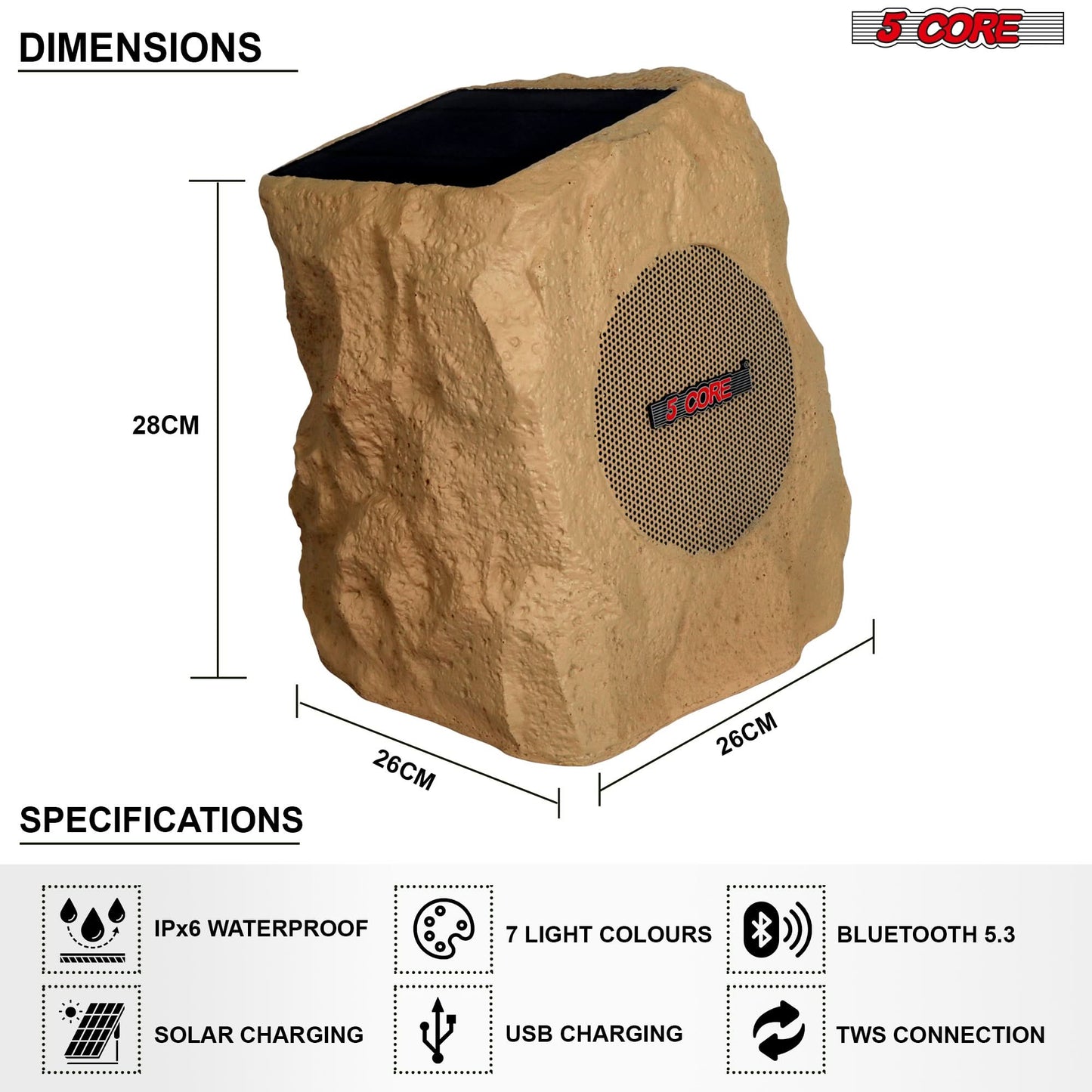 5Core Bluetooth Outdoor Wireless Rock Speakers - Waterproof, Linkable TWS Garden Speaker, Brown (Single Unit)