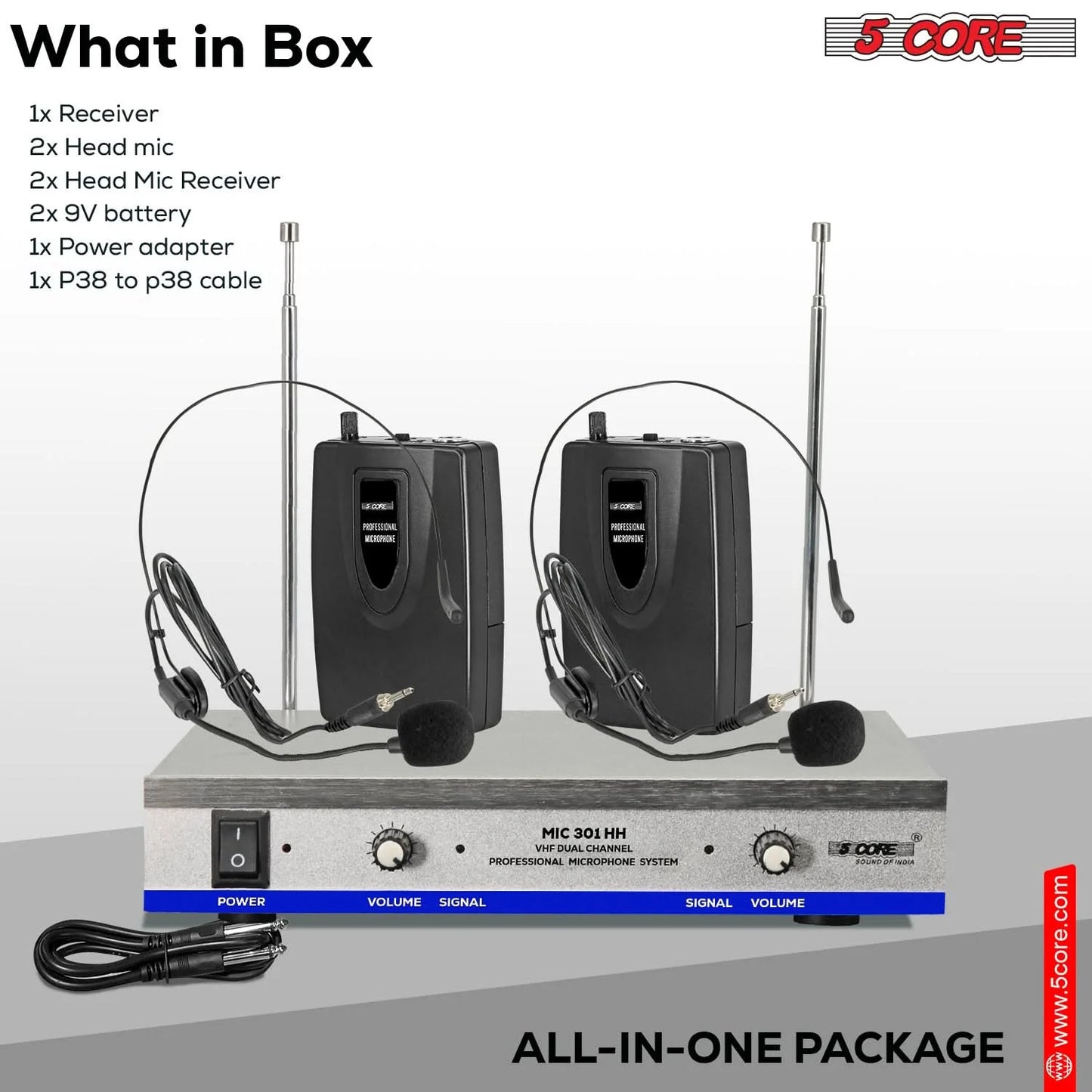 5Core Wireless Microphone System with 2 Headsets and Receiver, 165ft Range