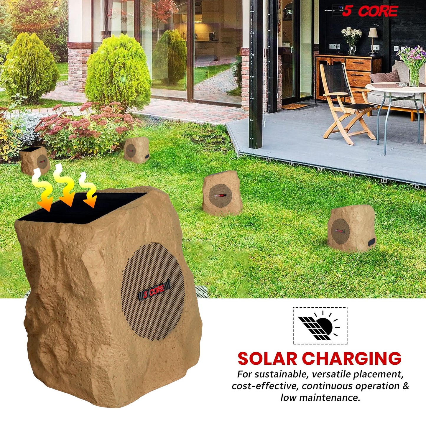 5Core Bluetooth Outdoor Wireless Rock Speakers - Waterproof, Linkable TWS Garden Speaker, Brown (Single Unit)