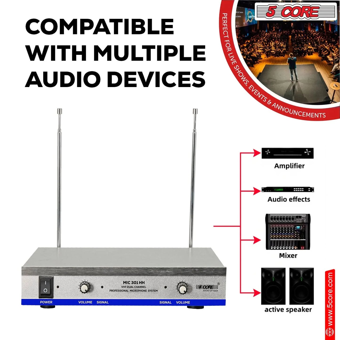 5Core Wireless Microphone System with 2 Headsets and Receiver, 165ft Range