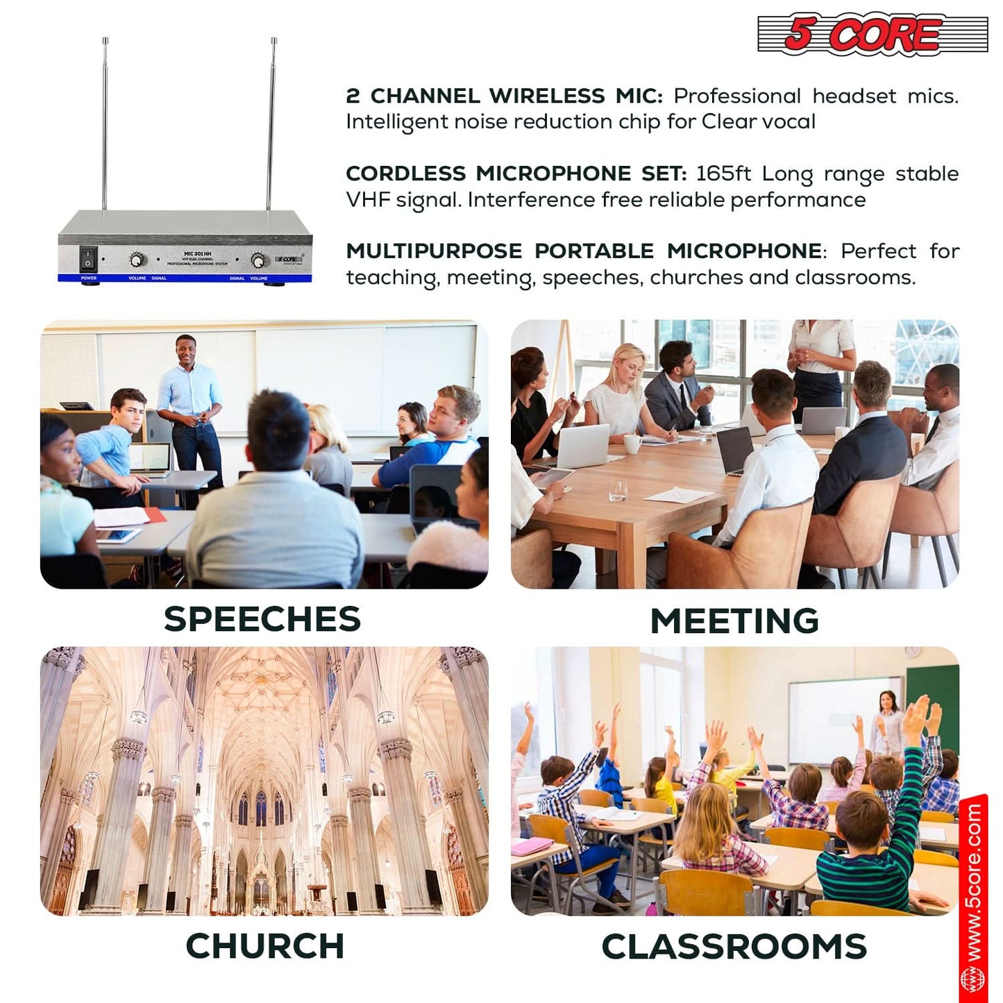 5Core Wireless Microphone System with 2 Headsets and Receiver, 165ft Range