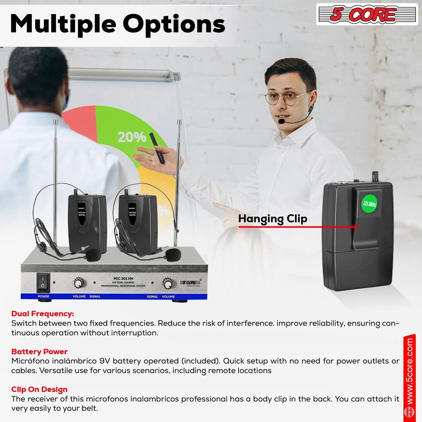 5Core Wireless Microphone System with 2 Headsets and Receiver, 165ft Range