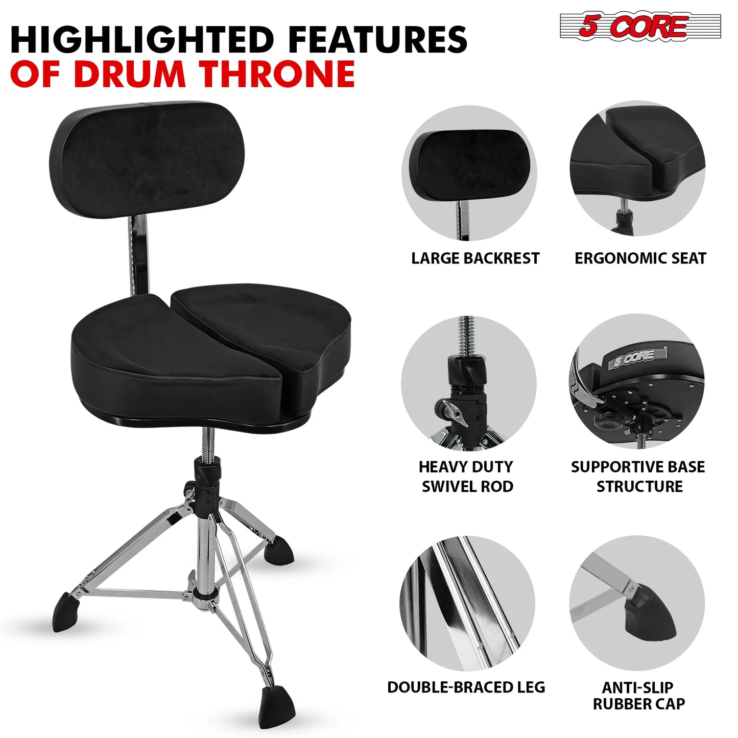 5Core Padded Drum Throne with Backrest - Adjustable Guitar Stool for Adults and Children