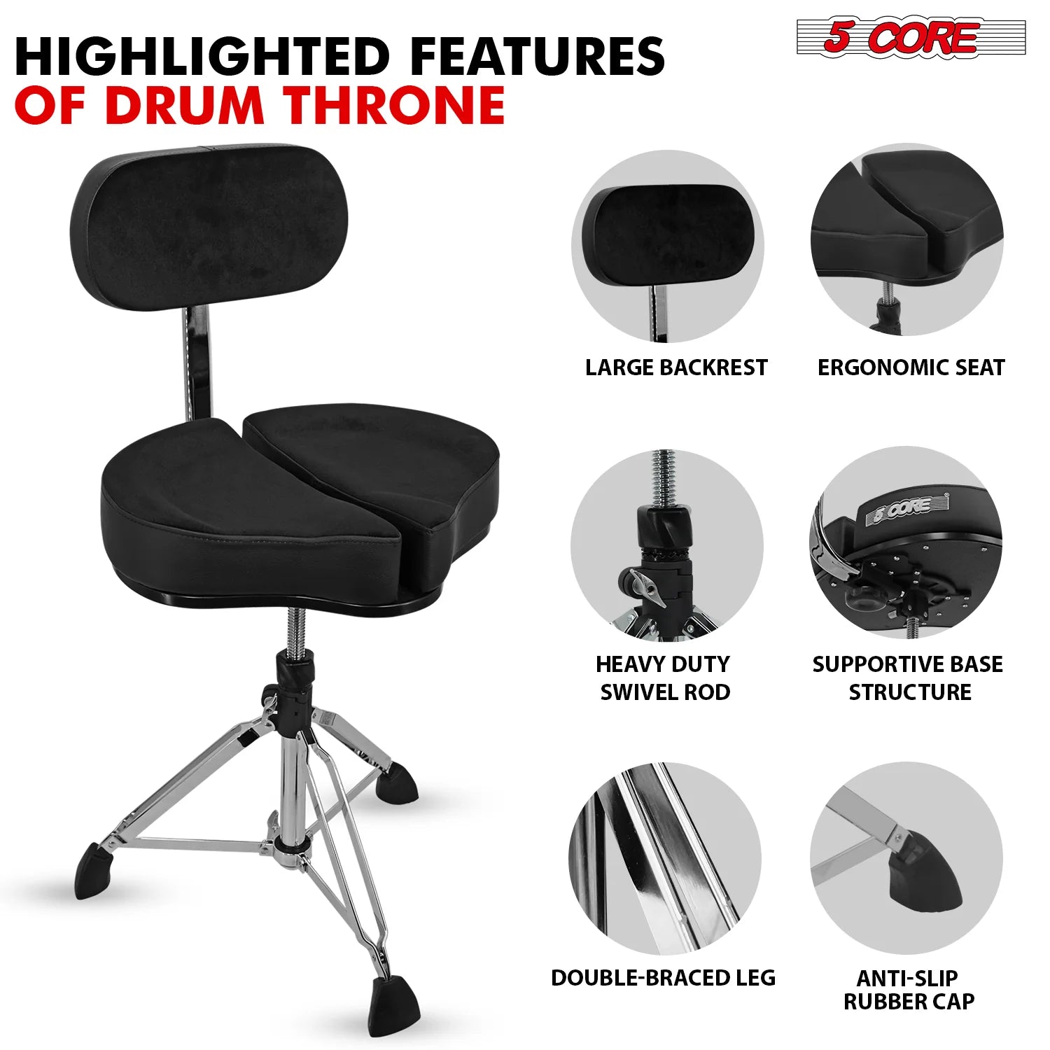 5Core Padded Drum Throne with Backrest - Adjustable Guitar Stool for Adults and Children