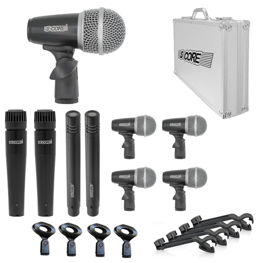 5Core Professional 9-Piece Drum Microphone Kit - Dynamic Mics for Kick, Bass Drum, and Snare - Black