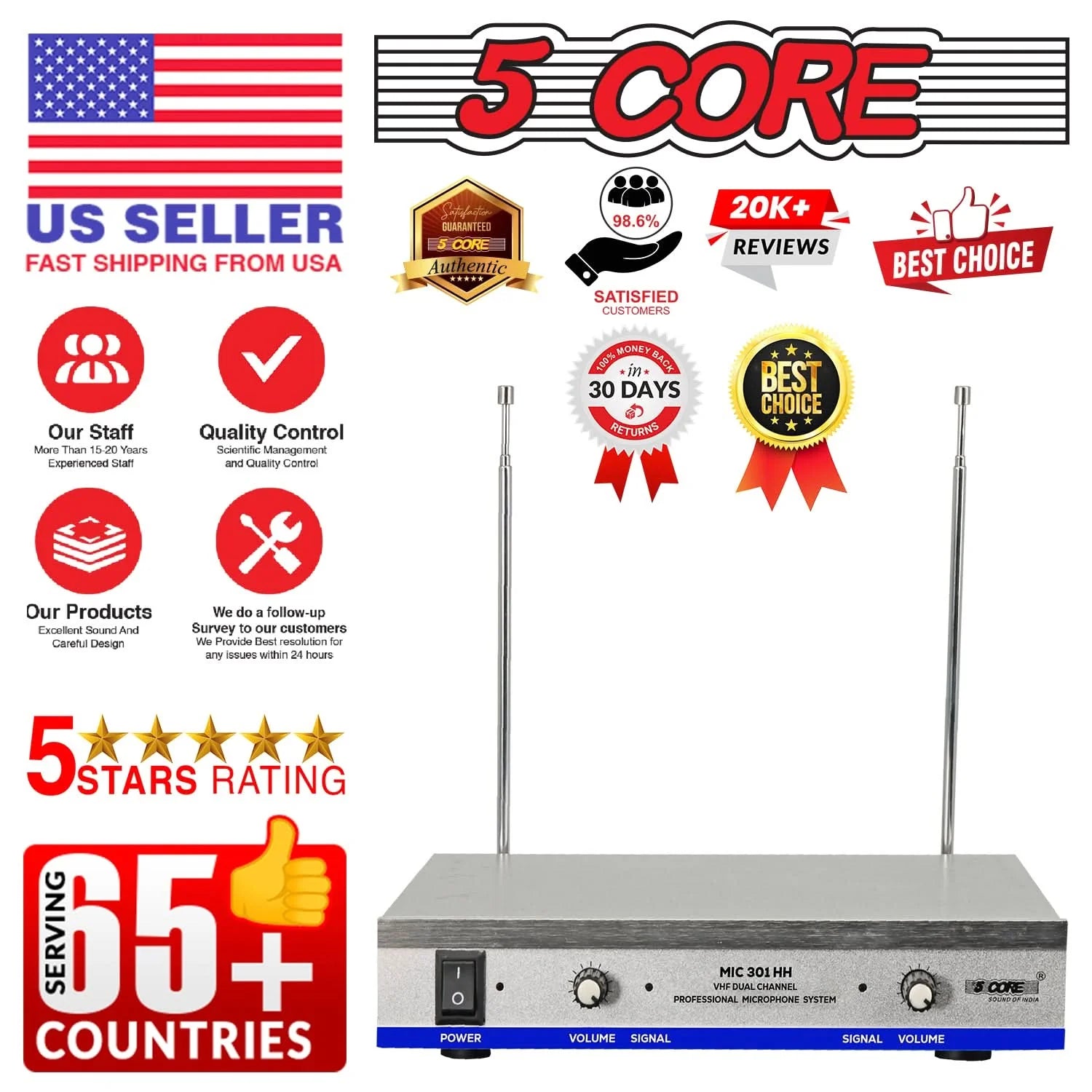 5Core Wireless Microphone System with 2 Headsets and Receiver, 165ft Range