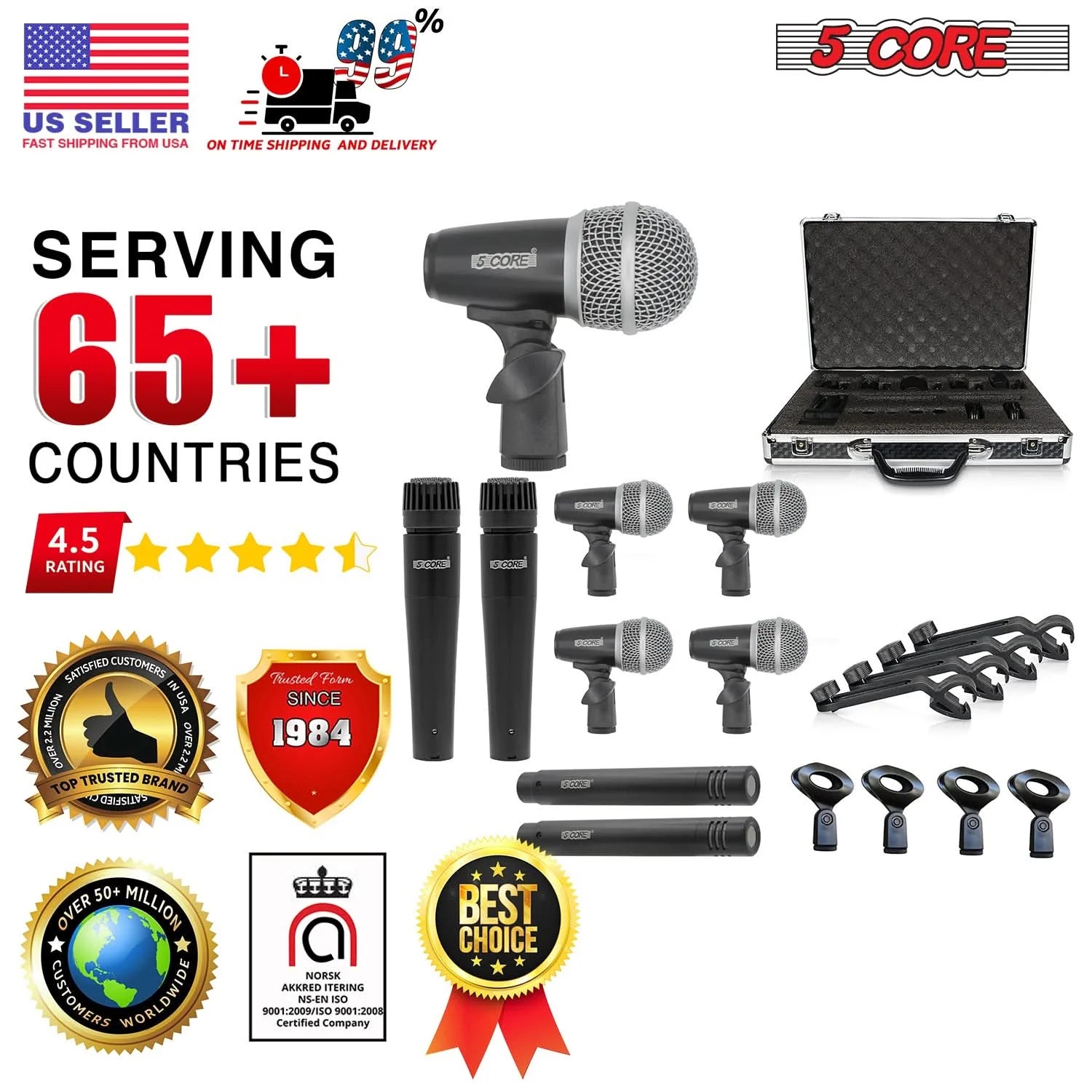 5Core Professional 9-Piece Drum Microphone Kit - Dynamic Mics for Kick, Bass Drum, and Snare - Black