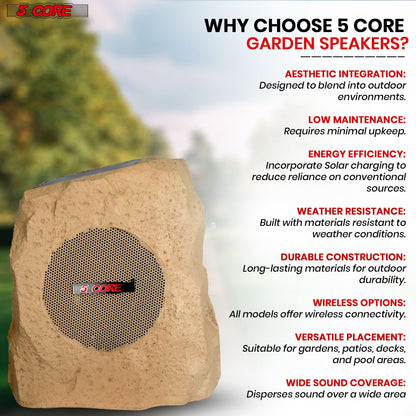 5Core Bluetooth Outdoor Wireless Rock Speakers - Waterproof, Linkable TWS Garden Speaker, Brown (Single Unit)
