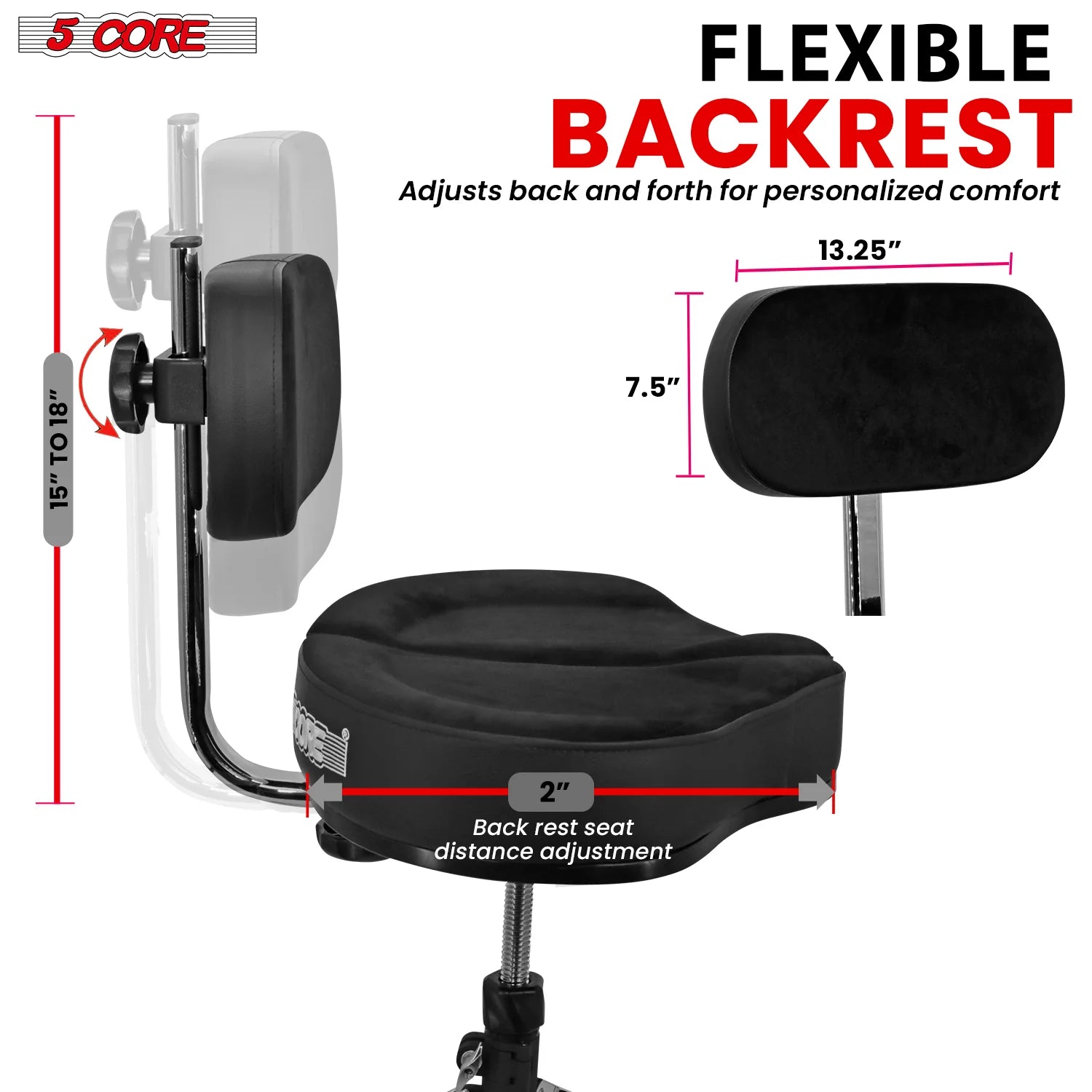 5Core Padded Drum Throne with Backrest - Adjustable Guitar Stool for Adults and Children