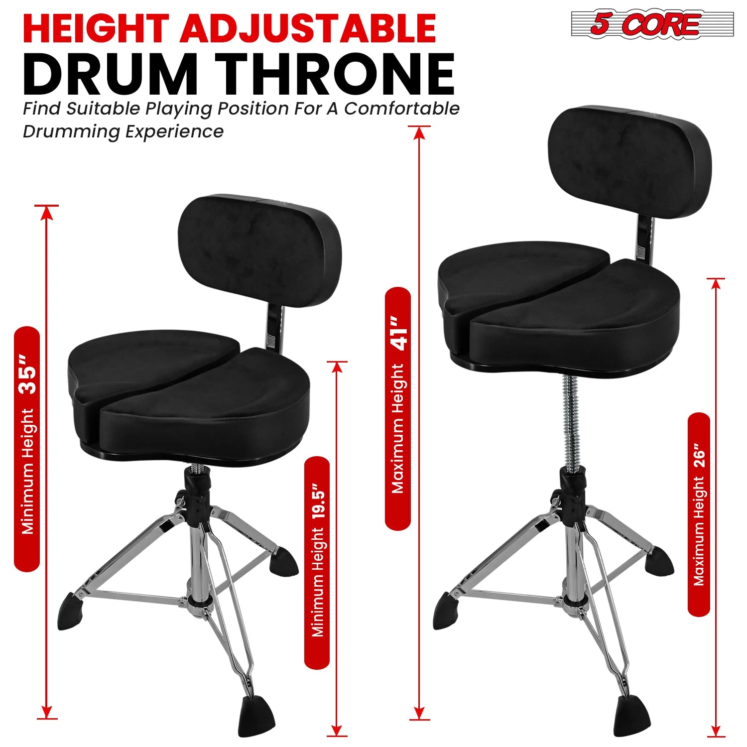 5Core Padded Drum Throne with Backrest - Adjustable Guitar Stool for Adults and Children