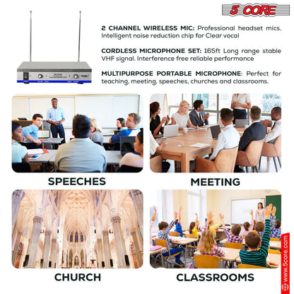 5Core Wireless Microphone System with 2 Headsets and Receiver, 165ft Range