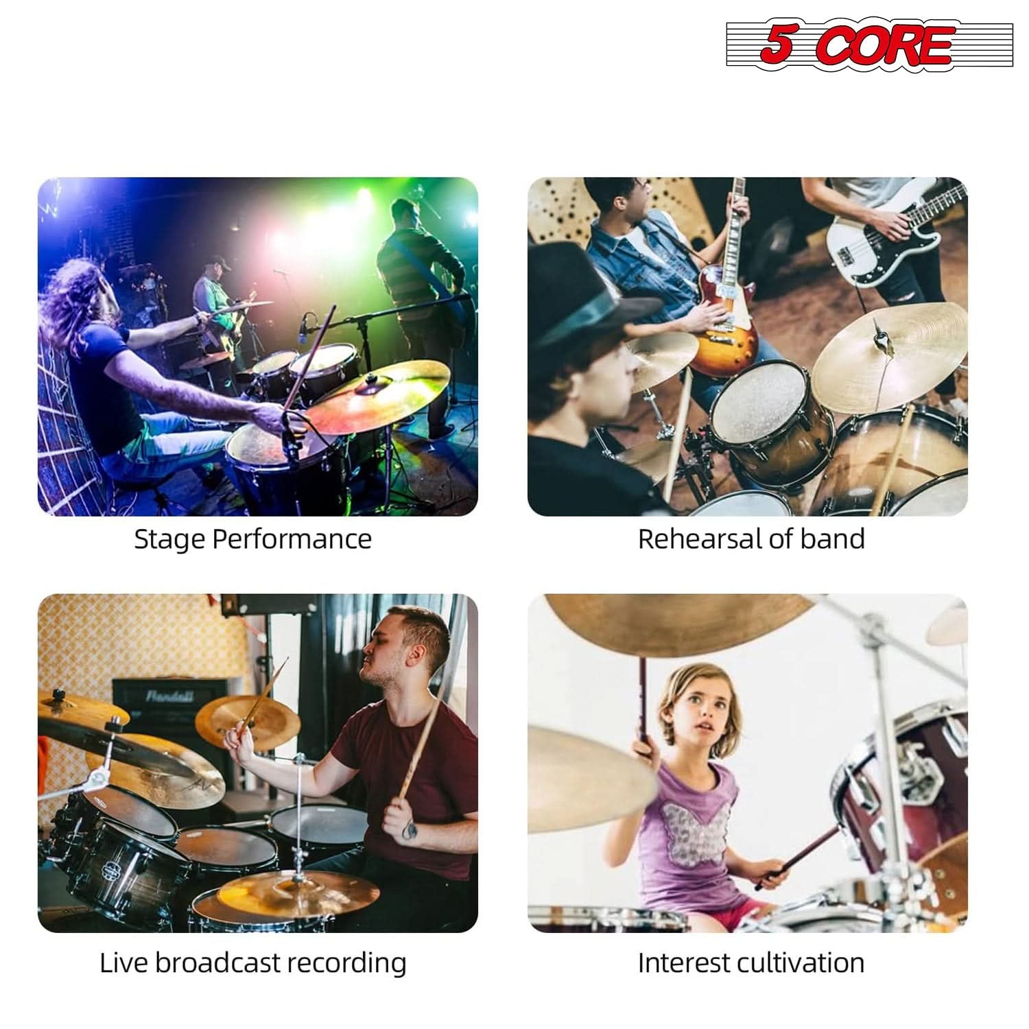 5Core Professional 9-Piece Drum Microphone Kit - Dynamic Mics for Kick, Bass Drum, and Snare - Black