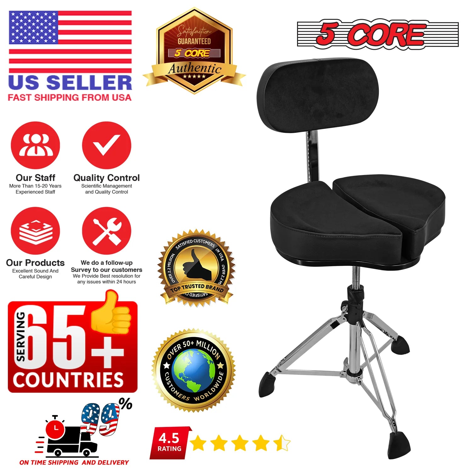 5Core Padded Drum Throne with Backrest - Adjustable Guitar Stool for Adults and Children