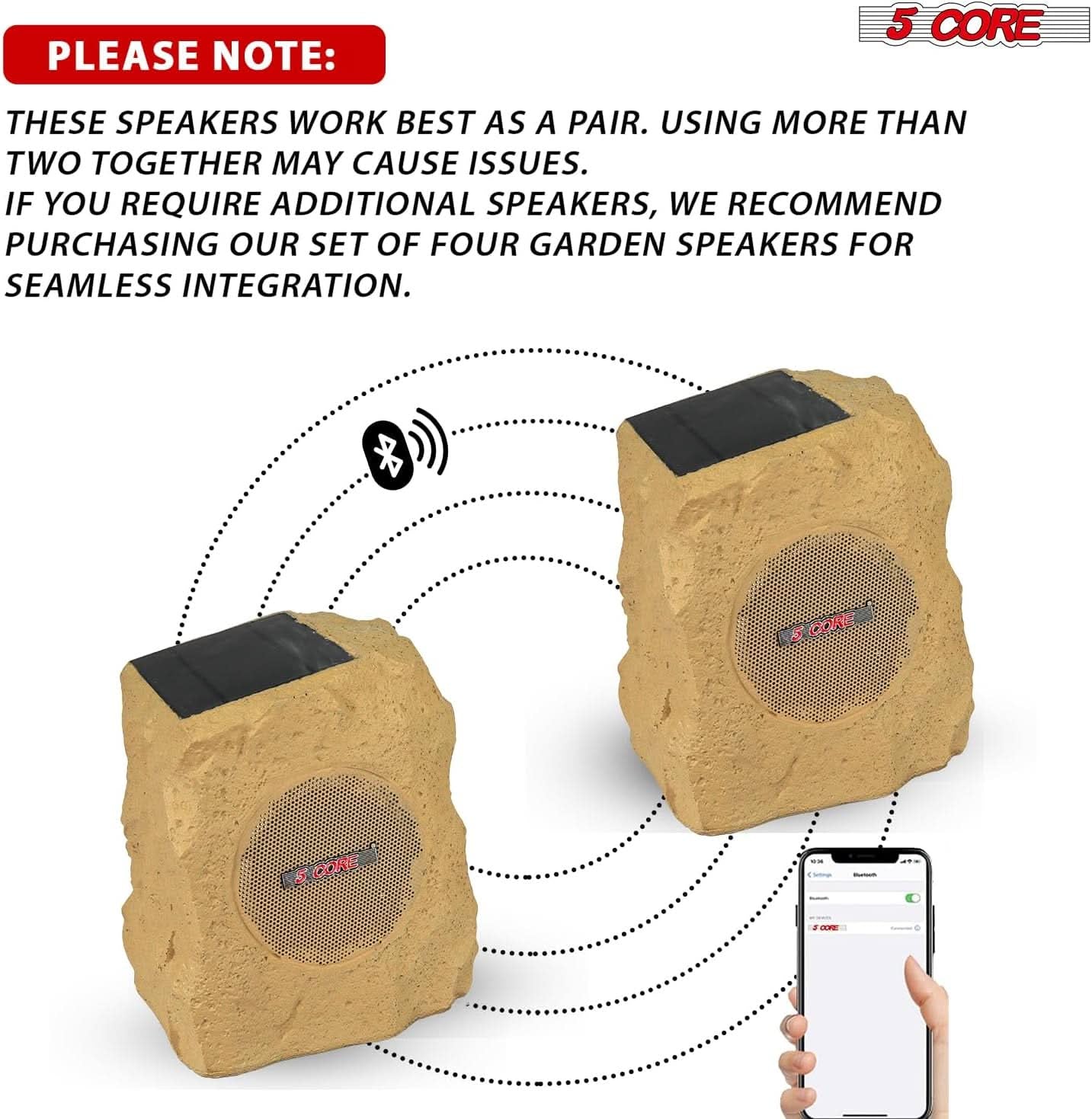 5Core Bluetooth Outdoor Wireless Rock Speakers - Waterproof, Linkable TWS Garden Speaker, Brown (Single Unit)