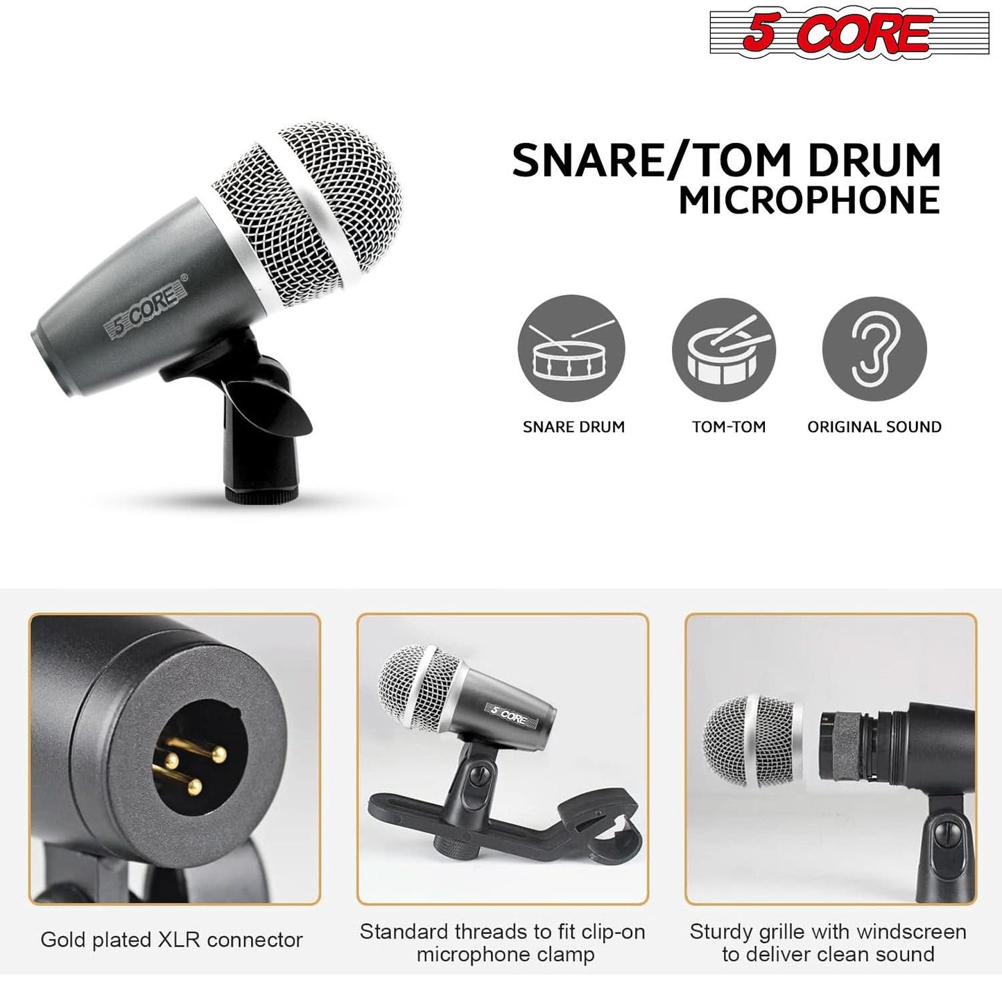5Core Professional 9-Piece Drum Microphone Kit - Dynamic Mics for Kick, Bass Drum, and Snare - Black