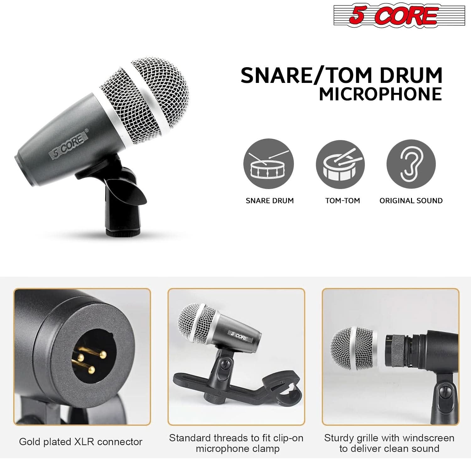 5Core Professional 9-Piece Drum Microphone Kit - Dynamic Mics for Kick, Bass Drum, and Snare - Black