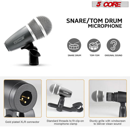 5Core Professional 9-Piece Drum Microphone Kit - Dynamic Mics for Kick, Bass Drum, and Snare - Black