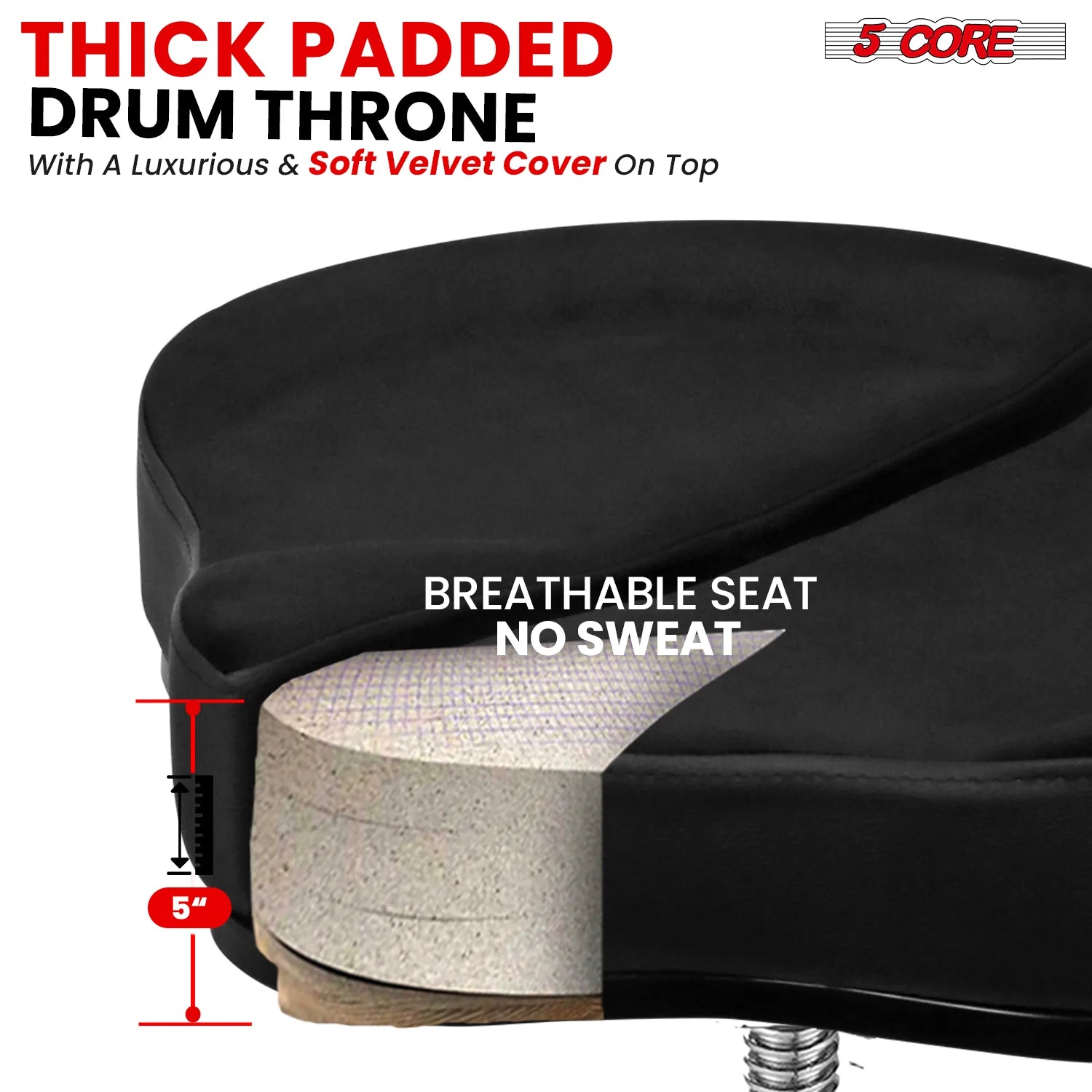 5Core Padded Drum Throne with Backrest - Adjustable Guitar Stool for Adults and Children
