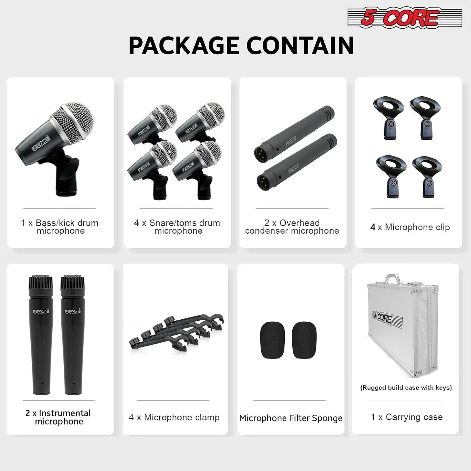 5Core Professional 9-Piece Drum Microphone Kit - Dynamic Mics for Kick, Bass Drum, and Snare - Black