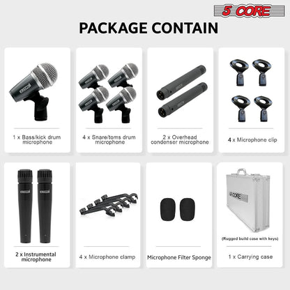 5Core Professional 9-Piece Drum Microphone Kit - Dynamic Mics for Kick, Bass Drum, and Snare - Black