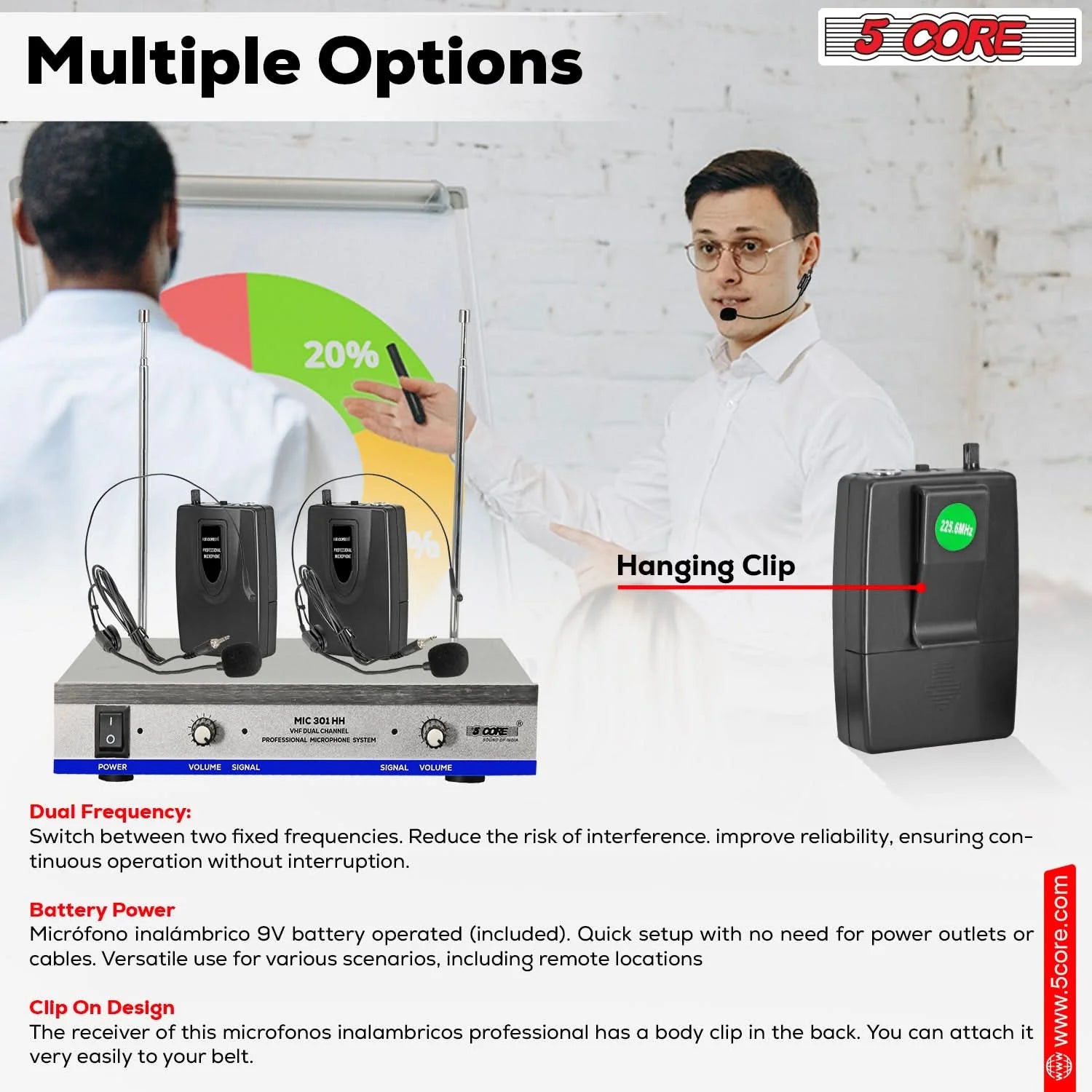 5Core Wireless Microphone System with 2 Headsets and Receiver, 165ft Range
